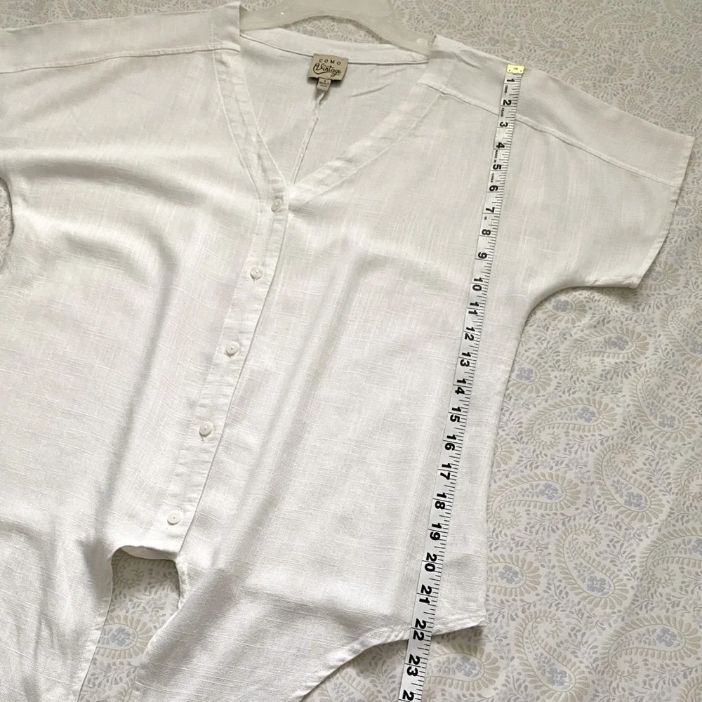 Como Vintage white summer v-neck top w/ front tie, rayon linen - Picture 5 of 9